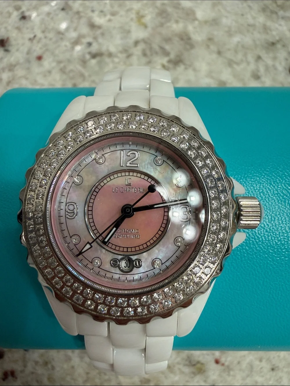 le chateau White Ceramic Watch with Pink Dial and Crystal Bezel